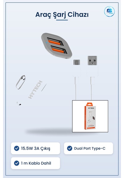 Type-c Araç Şarj Cihazı Çakmaklık Dual Port 15.5w 3a Hızlı Kablol