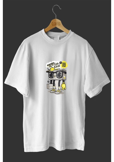 Noıssey -wed Radyo Kutusu Tasarım Baskılı Oversize T-shirt Tişört Beyaz