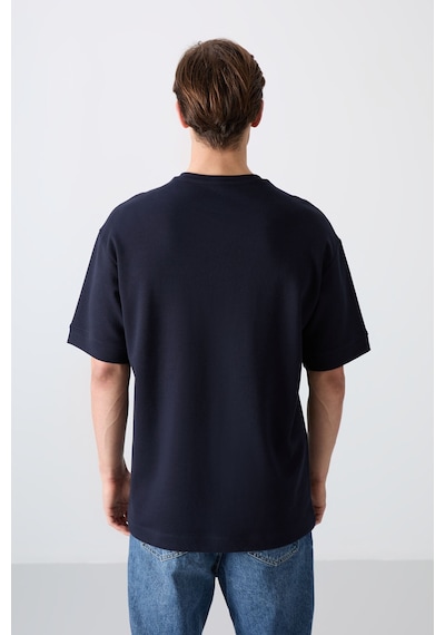 Tommy Life Lacivert Pamuklu Kalın Yumuşak Dokulu Oversize Fit Baskılı Erkek T-shirt - 88320 Lacivert