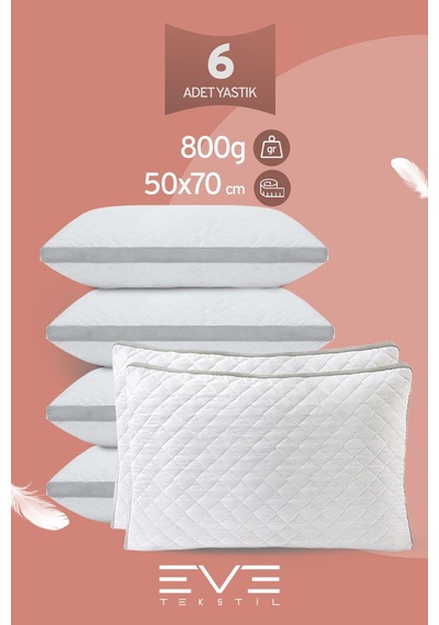 Eve Tekstil 6 Adet Klimax Serisi Kılıflı Fermuarlı Klimali Antialerjik Silikon Elyaf Yastık 50x70cm 900 Gr Beyaz