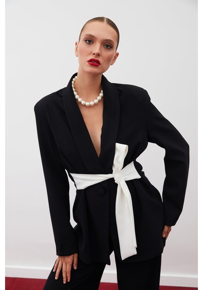 Sateen Beli Kuşaklı Uzun Ceket - Siyah
