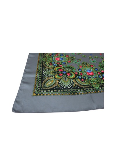 Tikitonki Kare Kesim Etnik Çiçek Desenli Saten Gri Eşarp - 90x90 Gri Gri