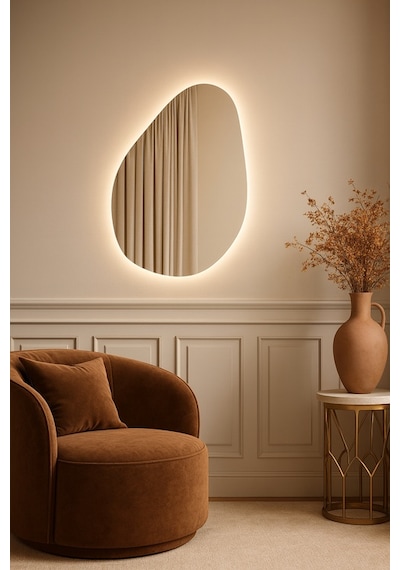 40x58 Cm Modern Asimetrik Led Ayna Dokunmatik, Dim Edilebilir, 3000k Günışığı Banyo Aynası Sarı