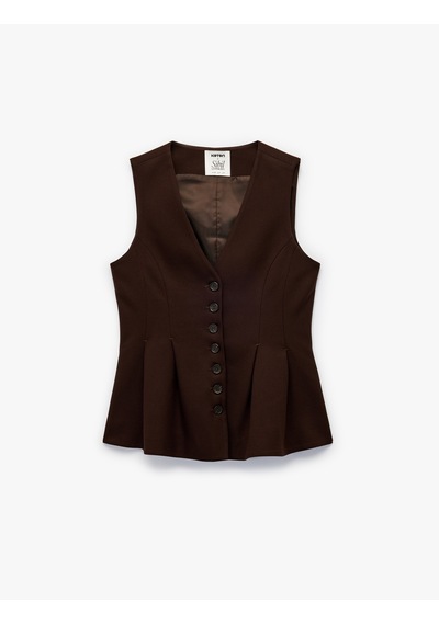 Koton Koton X Sibil Çetinkaya - Düğmeli V Yaka Peplum Blazer Yelek Kahverengi 6wak20027pw Kahve