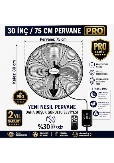 Muzeko Mzk750pro Plus 30 Inç Sanayi Tipi Kumandalı Duvar Tipi Vantilatör 210w 80cm %100 Bakır Motor Ev İçin Uygun Değildir