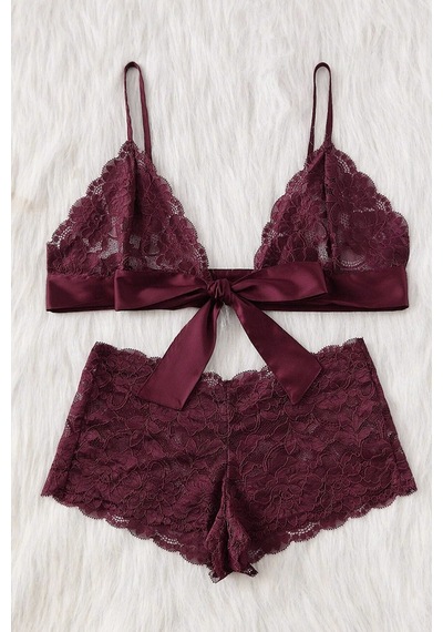 Ang Butik Kadın Bordo Dantelli & Kurdelalı Sütyen Külot Takımı