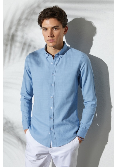 Tudors Erkek Slim Fit Dar Kesim %100 Pamuk Düğmeli Yaka Flam Keten Mavi Gömlek-50273