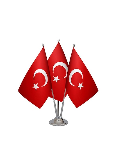 Masa Üstü Üçlü Türkiye Cumhuriyeti Bayrağı Üçlü Krom Direk Masa B