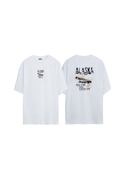 Thewert Unisex Alaska Uçak Ön Arka Baskılı Beyaz Oversize T-shirt
