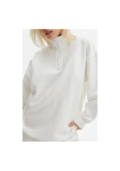 Veraura Lifestyle Unisex Uzun Kol Yarım Farmuarlı Yakalı Basic Sweatshirt - Beyaz