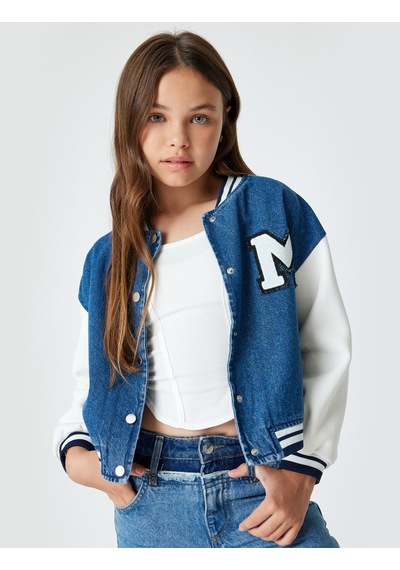 Koton Bomber Ceket Aplike Detaylı Yuvarlak Yaka Orta İndigo 5wkg20004ad İndigo