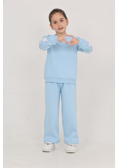 Erdem Kıds Kız Çocuk 3 İplik Şardonlu Kurdele Detaylı Basic Sweatshirt-bol Kesim Palazzo Eşofman Takım Bebe Mavisi Bebe Mavisi