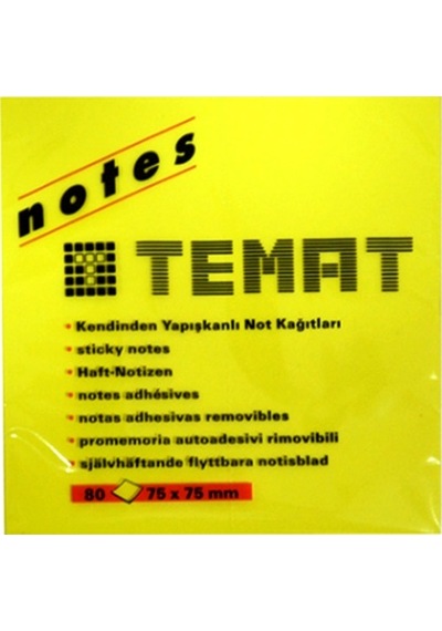 Temat Yapışkanlı Not Kağıdı 75x75 80 Yaprak Sarı - 2 Adet