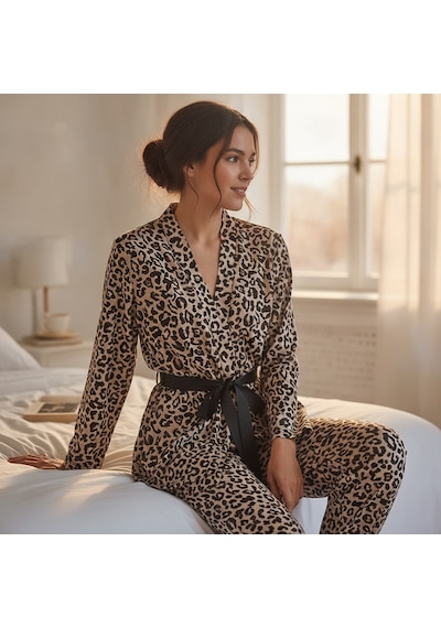 Bonbon Kadın Giyim Uzun Kollu Leopar Desen Sabahlık Takımı Bb2665 Çok Renkli