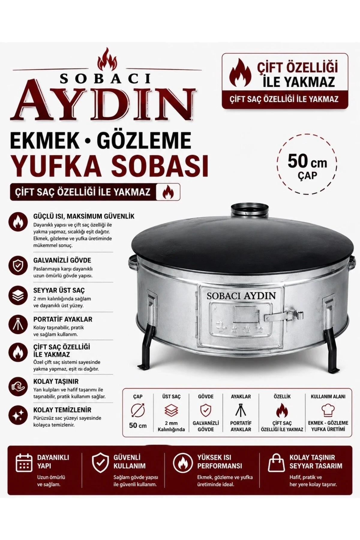 Sobacı Aydın Tandır Sobası Yufka Ekmek Kavurma Sacı 50 CM