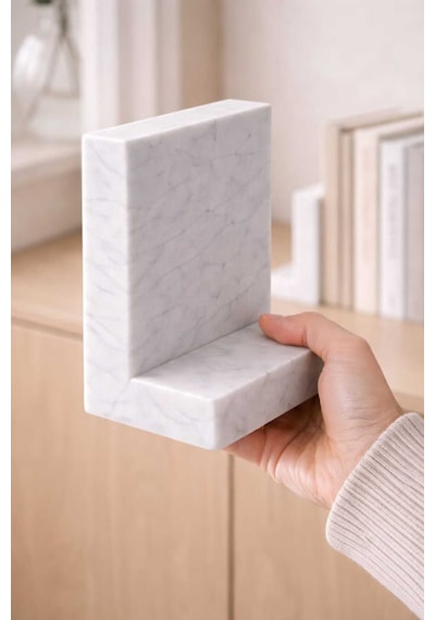 Masif Beyaz Mermer Kitap Tutucu 2 Li Set - Minimal L Tip Dekoratif Bookend Ofis & Salon Raf Aksesuaı
