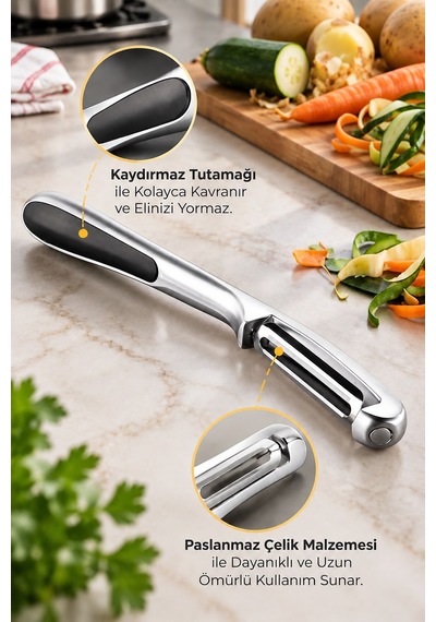 Sebze & Meyve Soyacağı Paslanmaz Çelik Ergonomik Kaydırmaz Saplı Profesyonel Soyacak Gümüş