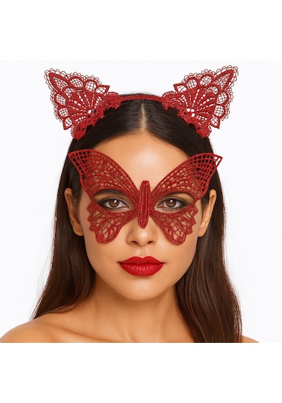 Gösterişli Kırmızı Dantel Maske Ve Taç Seti 7 No Masquerade Ve Davetler İçin 5691 "