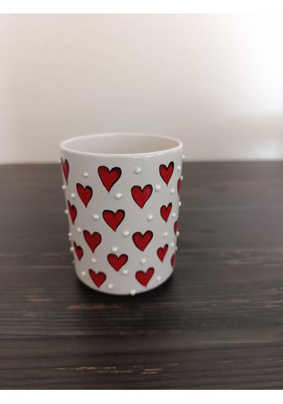 El Yapımı Kalp Desenli 300ml Kupa Seramik Bardak Hand Made Beyaz - Çok Renkli
