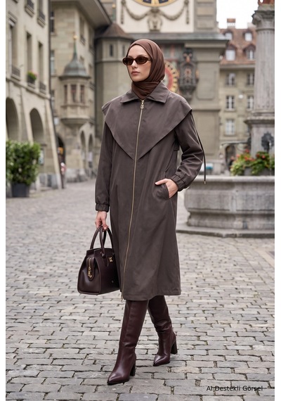Armine Trend Pelerin Yaka Cep Detaylı Fermuarlı Uzun Boy Kap 122 Cm Boy Haki 26kt704