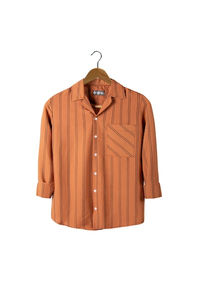 Erkek Kiremit Uzun Kollu Cepli Pamuk Slim Fit Çizgili Yazlık Gömlek Kiremit