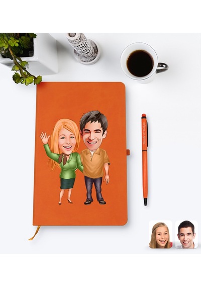 Kişiye Özel Sevgililer Karikatürlü Turuncu Termo Deri Defter Kale N11.2255