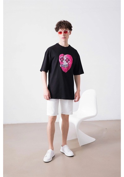 Startmore Unisex Kalp Beyaz Tshirt Siyah