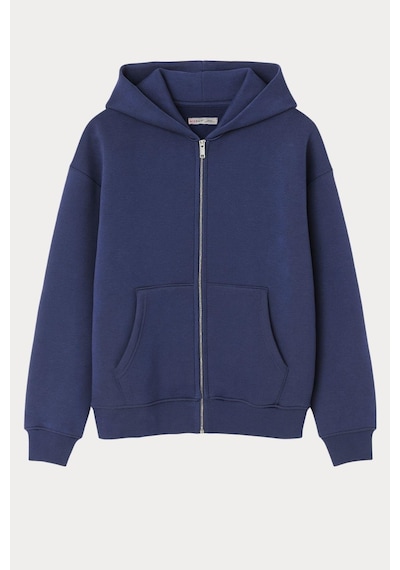 Mixray 2023 Unisex 3iplik Basic Polarlı Fermuarlı Sweatshirt Hoodie İndigo