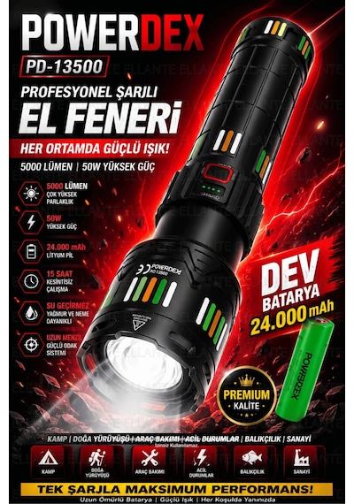 Şarjlı El Feneri 5000 Lümen 24.000 Mah Lityum Pil Taşıma Çantalı Profesyonel Set Pd-13500 Çok Renkli