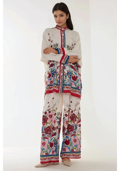 Hiccup Baskıllı Yüksek Bel Kimono Ve Pantolon İkili Modest Takım Beyaz