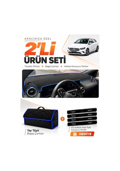 E-biz Mercedes W247 B180 B Class 2019-2022 Uyumlu Torpido + Tay Tüyü Çanta - Siyah-mavi - Mb002