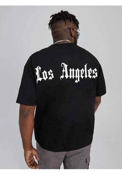 Erkek Siyah Oversiz Los Angeles Baskılı Örme T-shirt Siyah