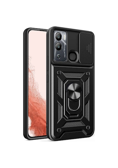 Goocamp İnfinix Hot 20i Kılıf Magnetik Standlı Kamera Korumalı Sürgülü Vega Kapak - Siyah