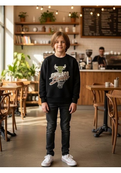 Zekids Erkek Çocuk Chicago Bulls Yazılı Tasarım Sweatshirt-16396 Siyah