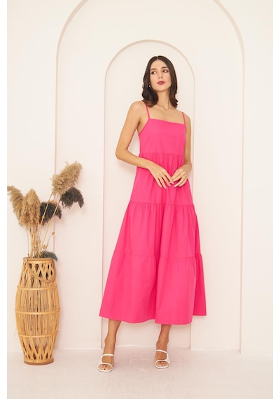 Darlin Moda Fuşya İnce Askılı Katlı Elbise Dm1034 Fuşya