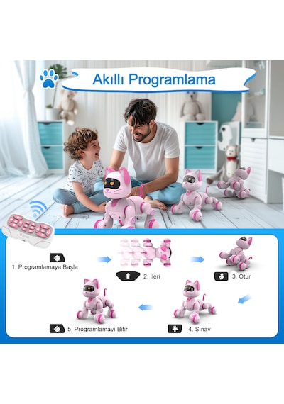 Uzaktan Kumandalı Şarjlı Akıllı Kedi - Interaktif, Eğitici Işıklı Müzikli Ve Dansçı Robot Oyuncak Pembe