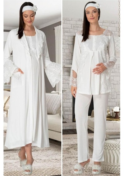 Mecit Pijama Mecit 5355 Bayan Hamile Lohusa Ekru Sabahlık Gecelik Pijama Takım 001