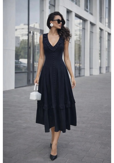 Asprinfashion V Yaka Önü Süs Düğmeli Keten Elbise Siyah
