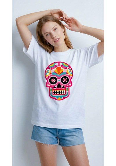 Hoxie Kadın Beyaz Renkli Meksika Kurukafası Calavera Baskılı Bisiklet Yaka Oversize Tişört