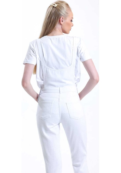 Kene Jeans Bahçevan Askılı Beyaz Tam Kalıp Mom Kot Tulum Beyaz