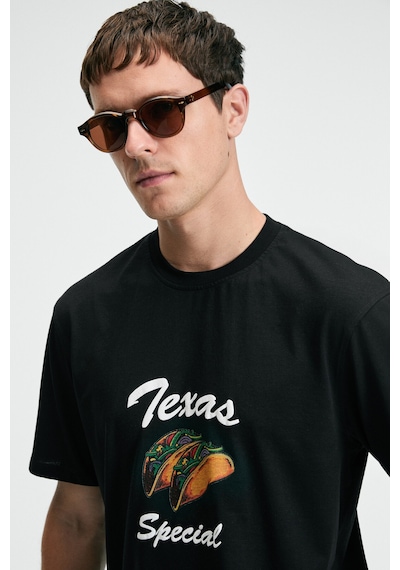 Grimelange CRISP Erkek Oversize %100 Pamuk Baskılı Yuvarlak Yaka Siyah T-Shirt