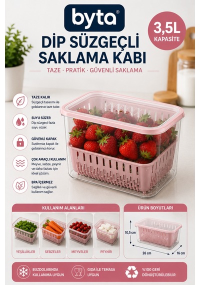 3,5 L Dip Süzgeçli Meyve Ve Sebze Saklama Kabı Kapaklı Gıda Muhafaza Kutusu Pembe Mavi Mor Siyah 1 Adet Karışık Renk Gönderilir Pembe