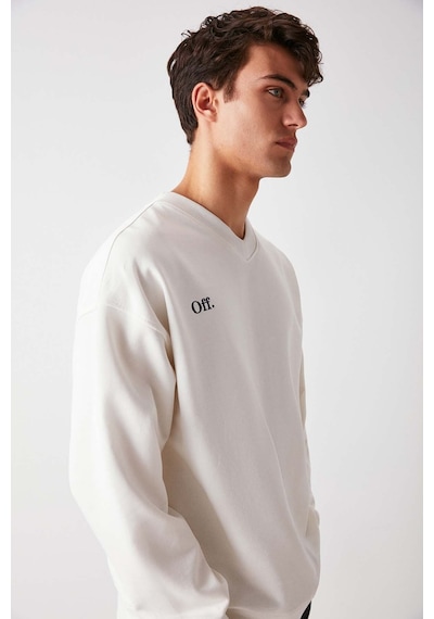 Grımelange Off  Erkek Organik Pamuklu Yazı Nakış Detaylı V Yakalı Içi Polarsız Oversize Beyaz Sweatshirt