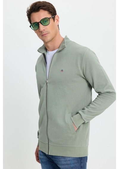 Tudors Erkek Slim Fit Dar Kesim Pamuklu Tam Fermuarlı Çift Cepli Dik Yaka Yeşil Sweatshirt Hırka-41893 Yeşil