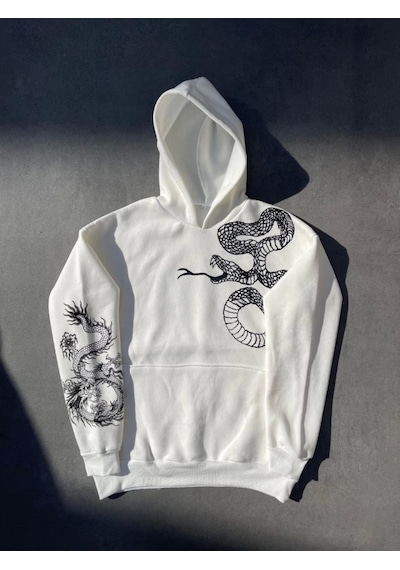 Uzun Kol Kapşonlu Baskılı Sweatshirt - Beyaz Beyaz
