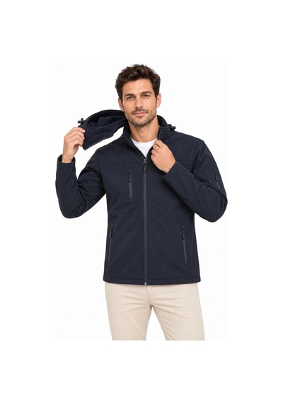 Barlashive Erkek Su Geçirmez Softshell İçi Polar Astarlı Çıkarılabilir Kapüşonlu 4 Cepli Mont Ceket - Lacivert Çok Renkli