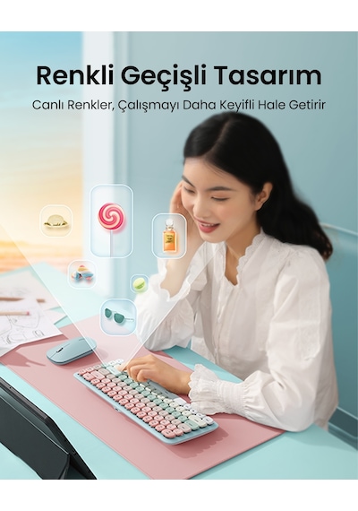 Ugreen Fun+ Renkli Tuşlu Aydınlatmalı Brown Switch Mekanik Bluetooth Kablosuz Türkçe Q Klavye