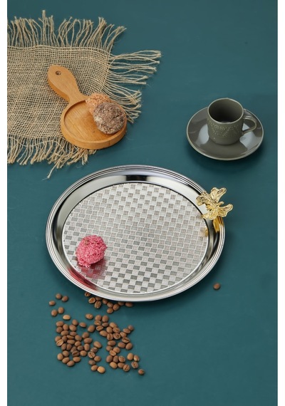 Cooker Kelebekli Yuvarlak Sunum Tepsisi 25 Cm Gümüş