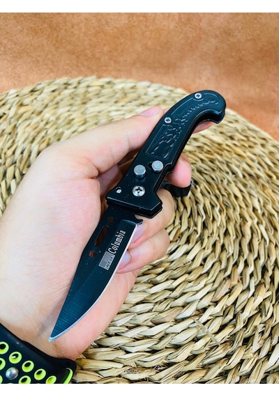 Akrep Desenli Düğmeli Mini Otomatik Kamp Çakı-15 CM Siyah