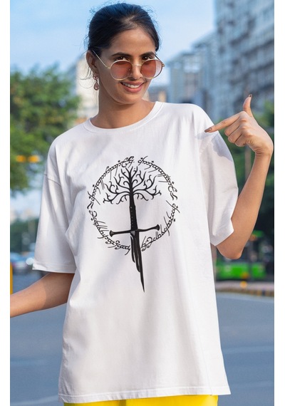 Efsane Film Yüzüklerin Efendisi Baskılı Unisex Oversize Tişört Beyaz